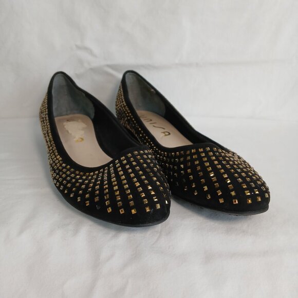UNISA HESSA BLACK SUEDE GOLD STUDDED SLIP-ON BALLET FLATS, SIZE 6 - Picture 1 of 6
